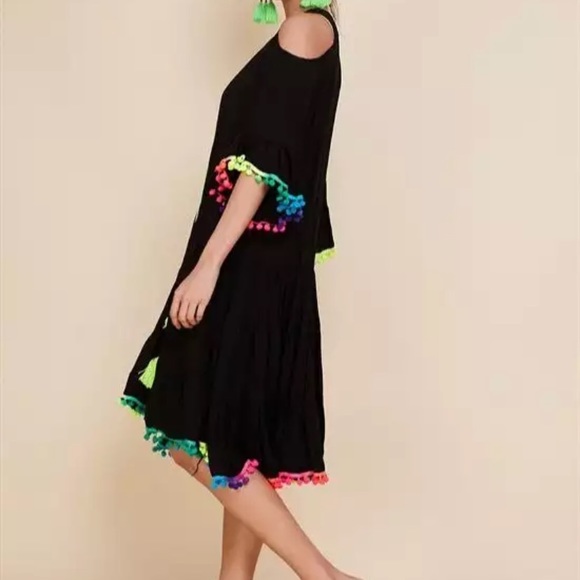 Neon PomPom Trim Black Swing Dress - Picture 6 of 10